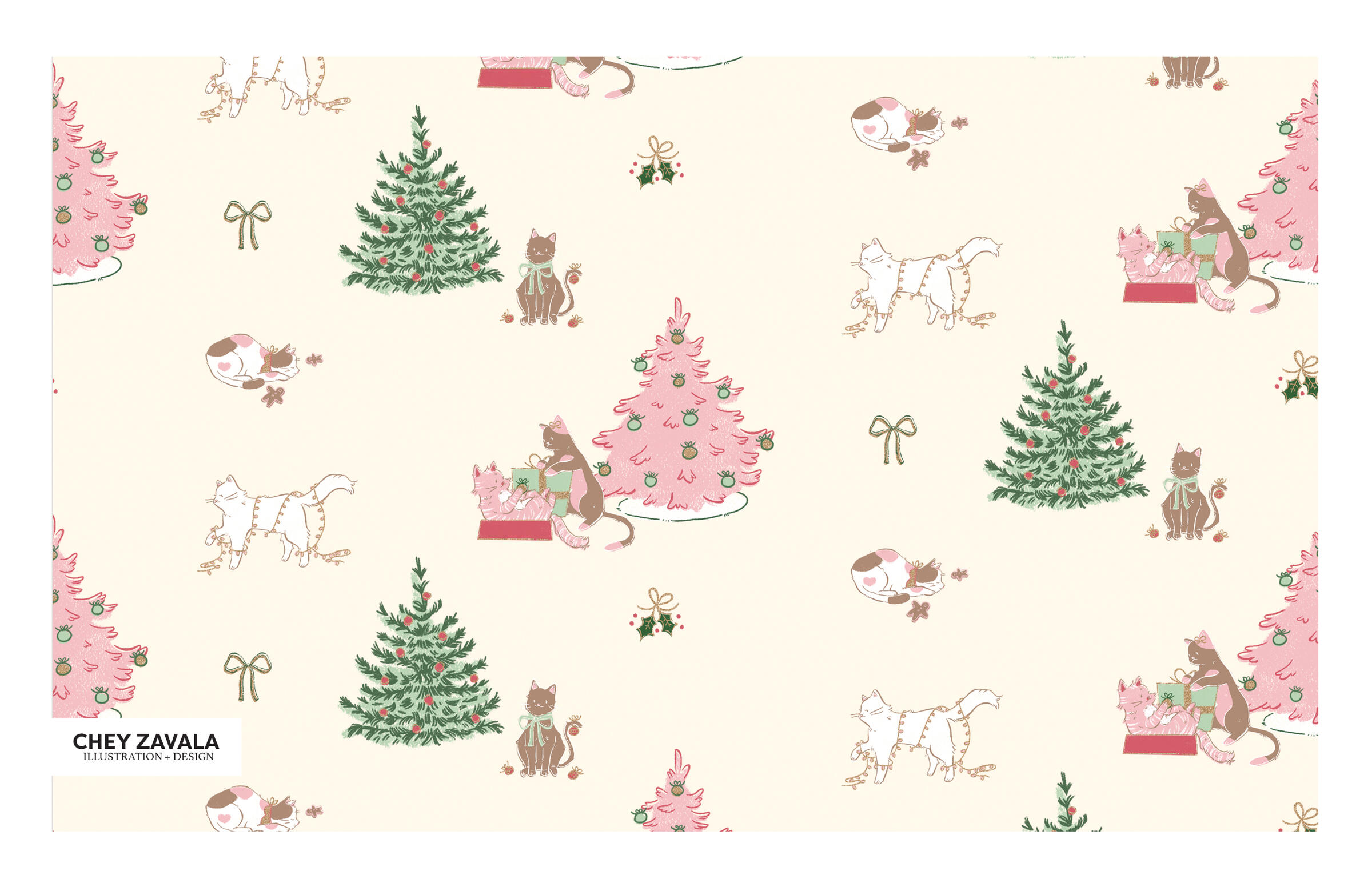 Playful Christmas cats and pretty bows.