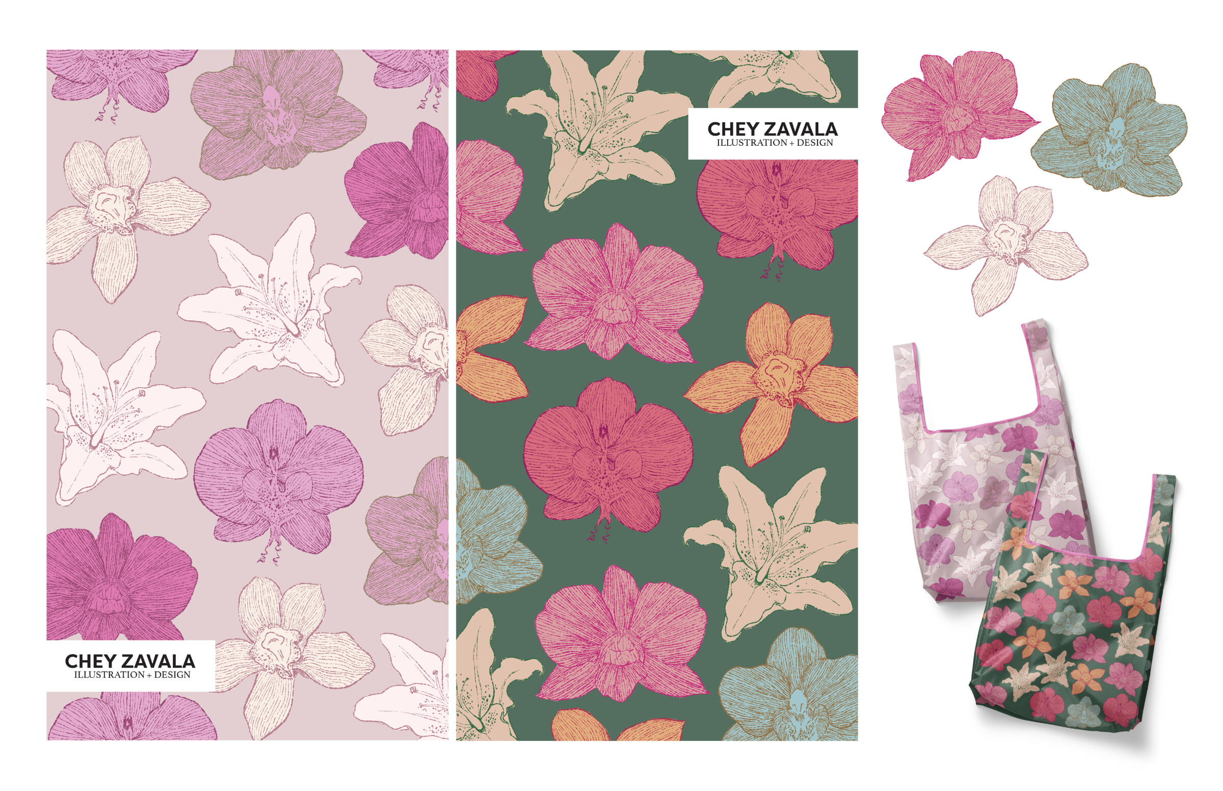 Dreamy lilies and elegant orchids paired in a tossed print and conceptualized as resuable shopper totes for those who seek to romanticize daily life in a more sustainable fashion.