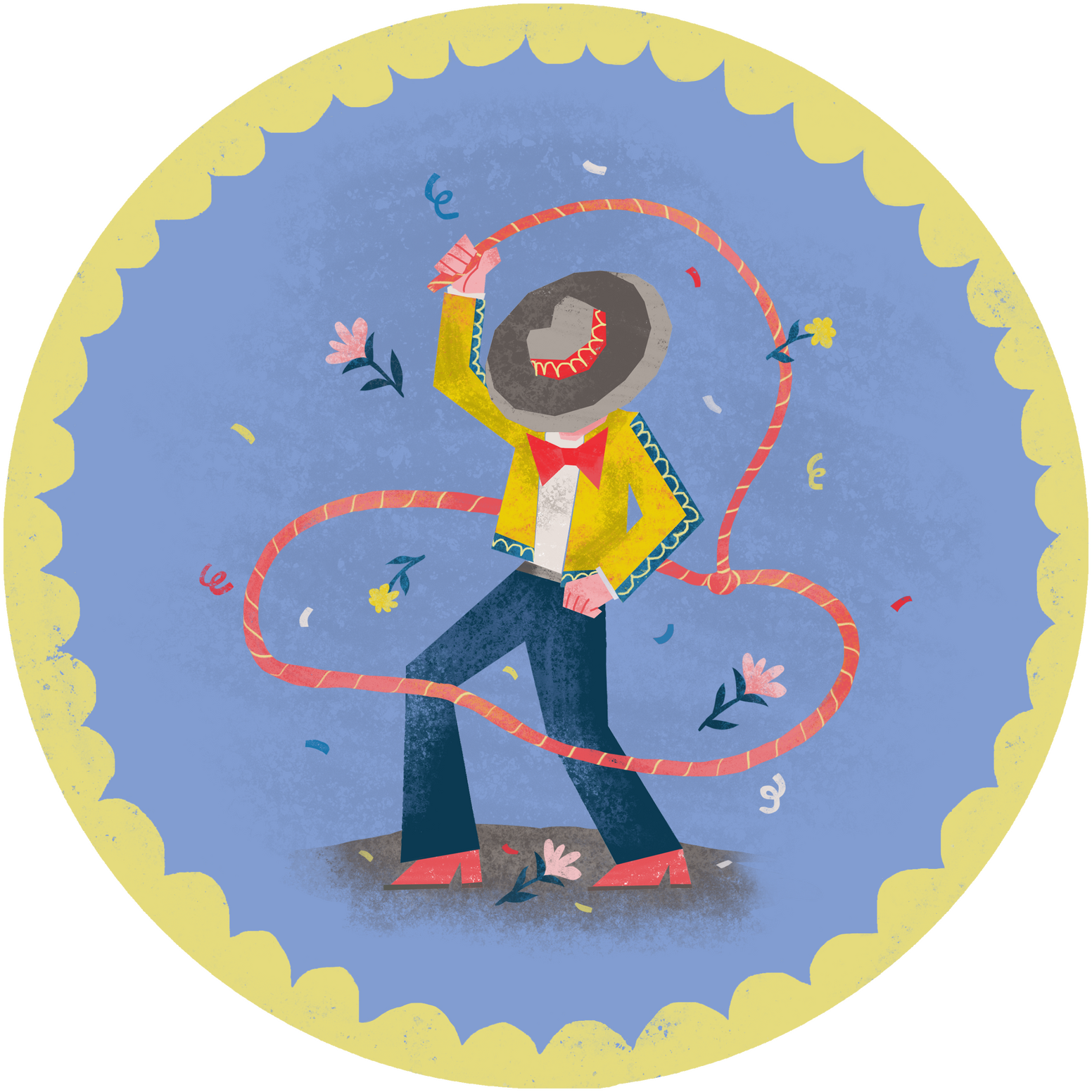 A rodeo-themed party plate design featuring a charro, a Mexican horseman known for flashy lasso tricks.