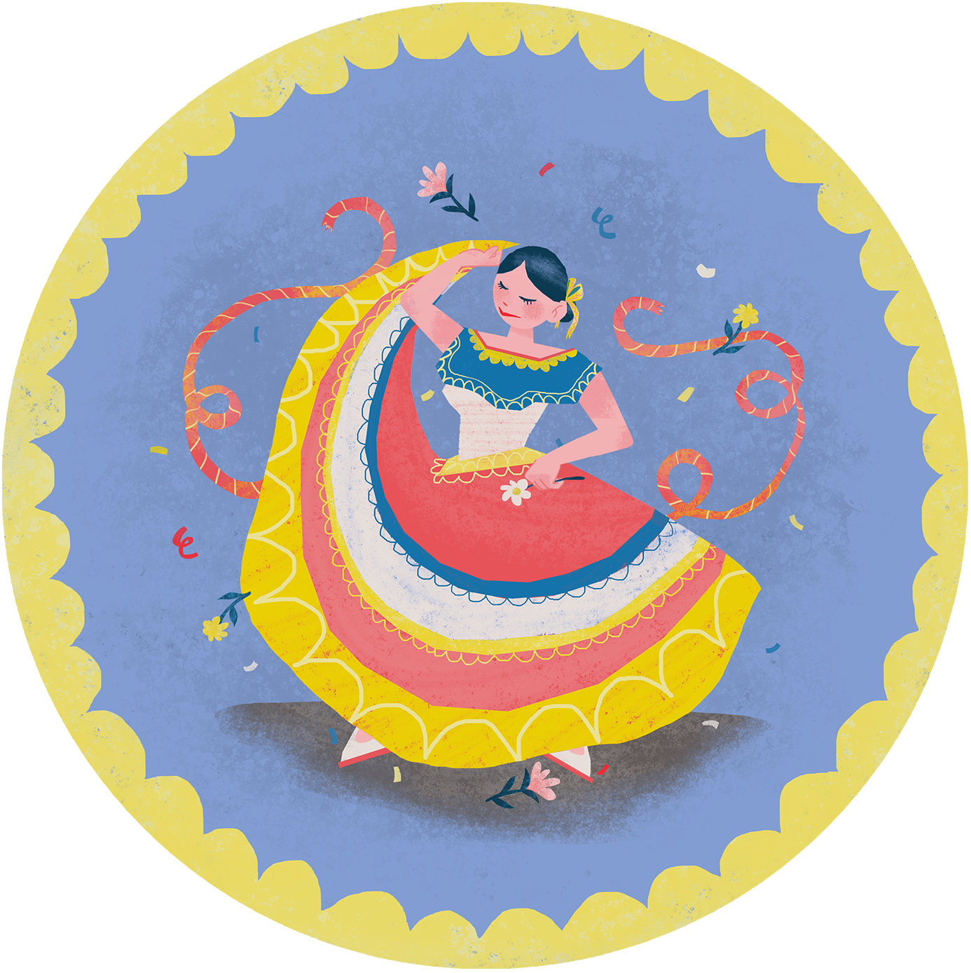 A rodeo-themed party plate design featuring an escaramuza, a dancer found at traditional Mexican rodeos.