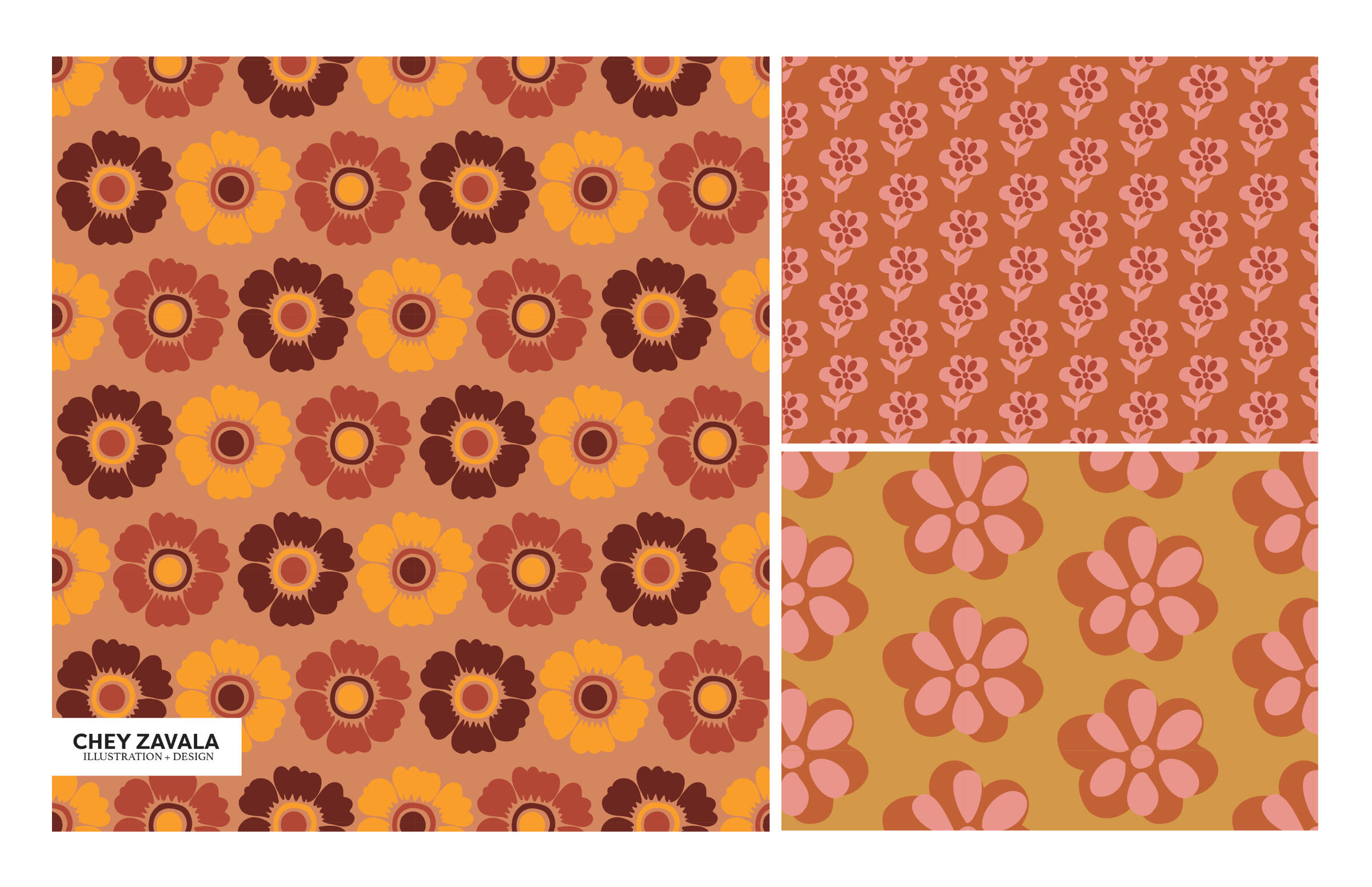 A warm and nostalgic collection of repeat patterns featuring streamlined organic floral motifs.