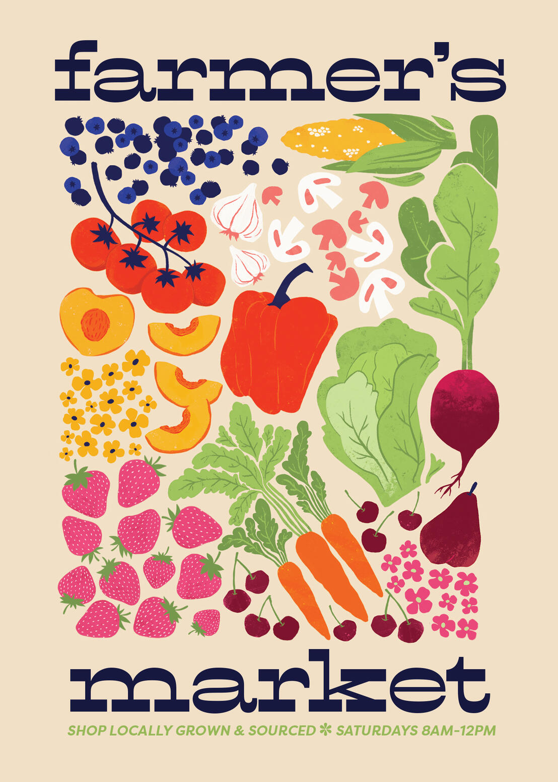A farmer&#39;s market poster concept featuring fresh fruits and veggies.